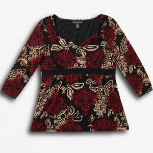 INC International Concepts Red Black Floral Beaded Empire Waist Blouse Petite M